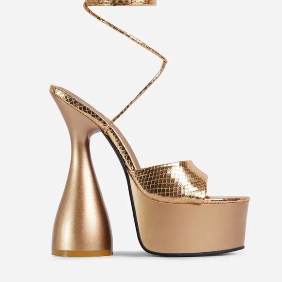 Lace Up Peep Toe Platform Statement Heel In Gold Snake Print Faux Leather - SZ 8 - Picture 2 of 4